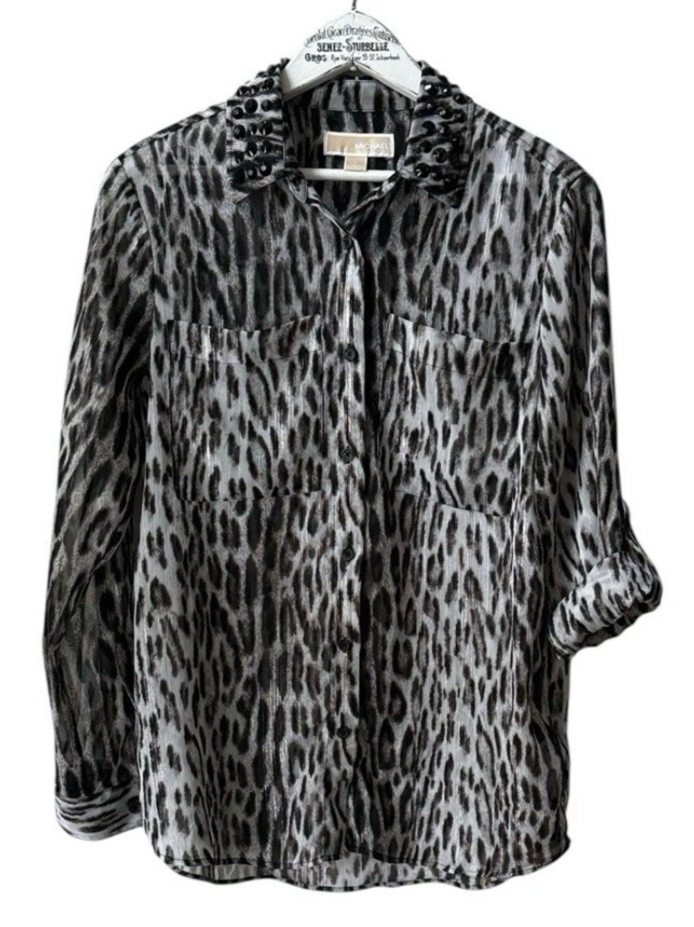Michael Kors Studded Collar Leopard Print Button-Up Blouse - Gray & Black Size S